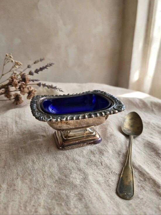 Vintage Other - Vintage Silverplate & Cobalt Blue Glass Footed Salt Cellar Condiment Dish